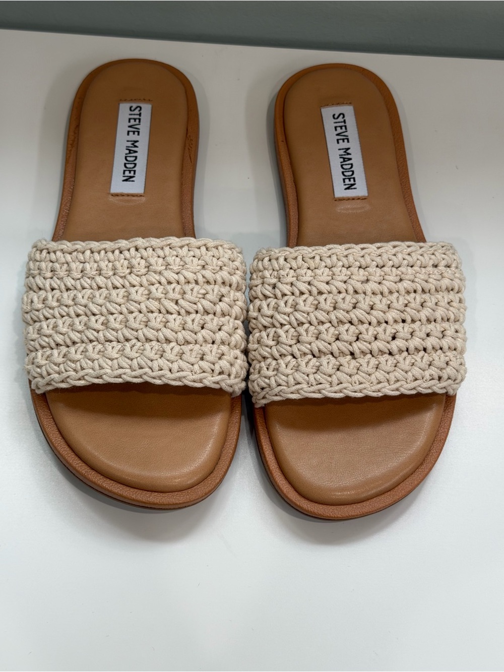 Steve Madden Crochet Slide Sandals Cream Tan Casual Travel Boho Slip on 6M